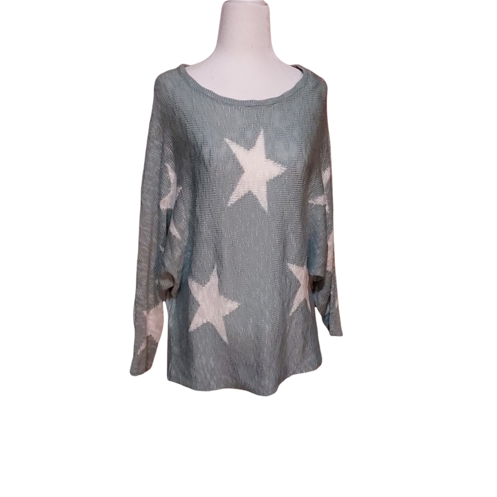 Wishlist S/M Sweater Bat Wing Stars Blue White Long Sleeve Oversized Woman. Dime